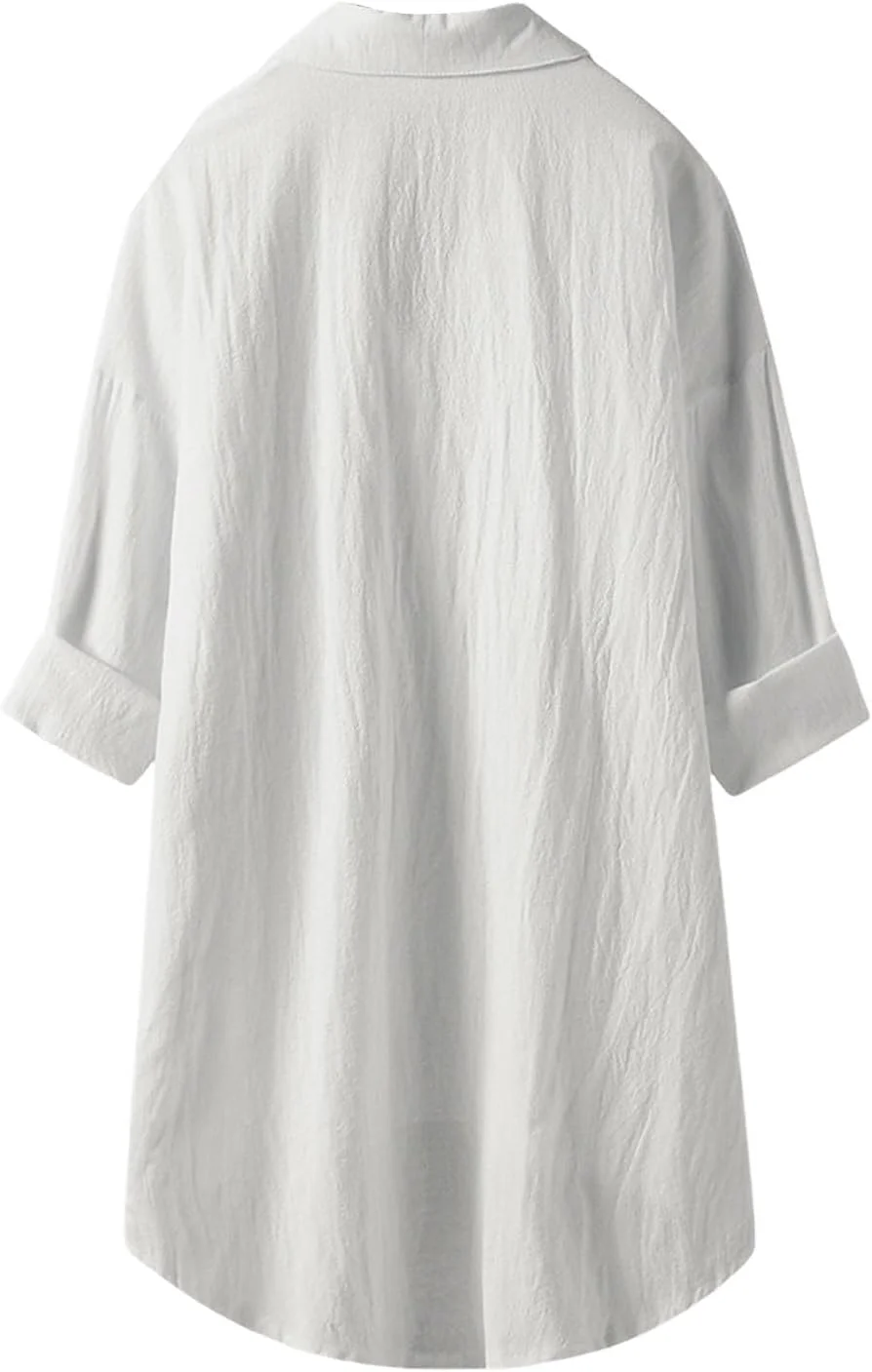 بلوز دکمه دار زنانه، سبک وزن، لینن و نخی با جیب، مدل آزاد و آستین بلند، کت پیراهن رنگ ثابت بزرگ برای دفتر، تعطیلات و استفاده روزانه