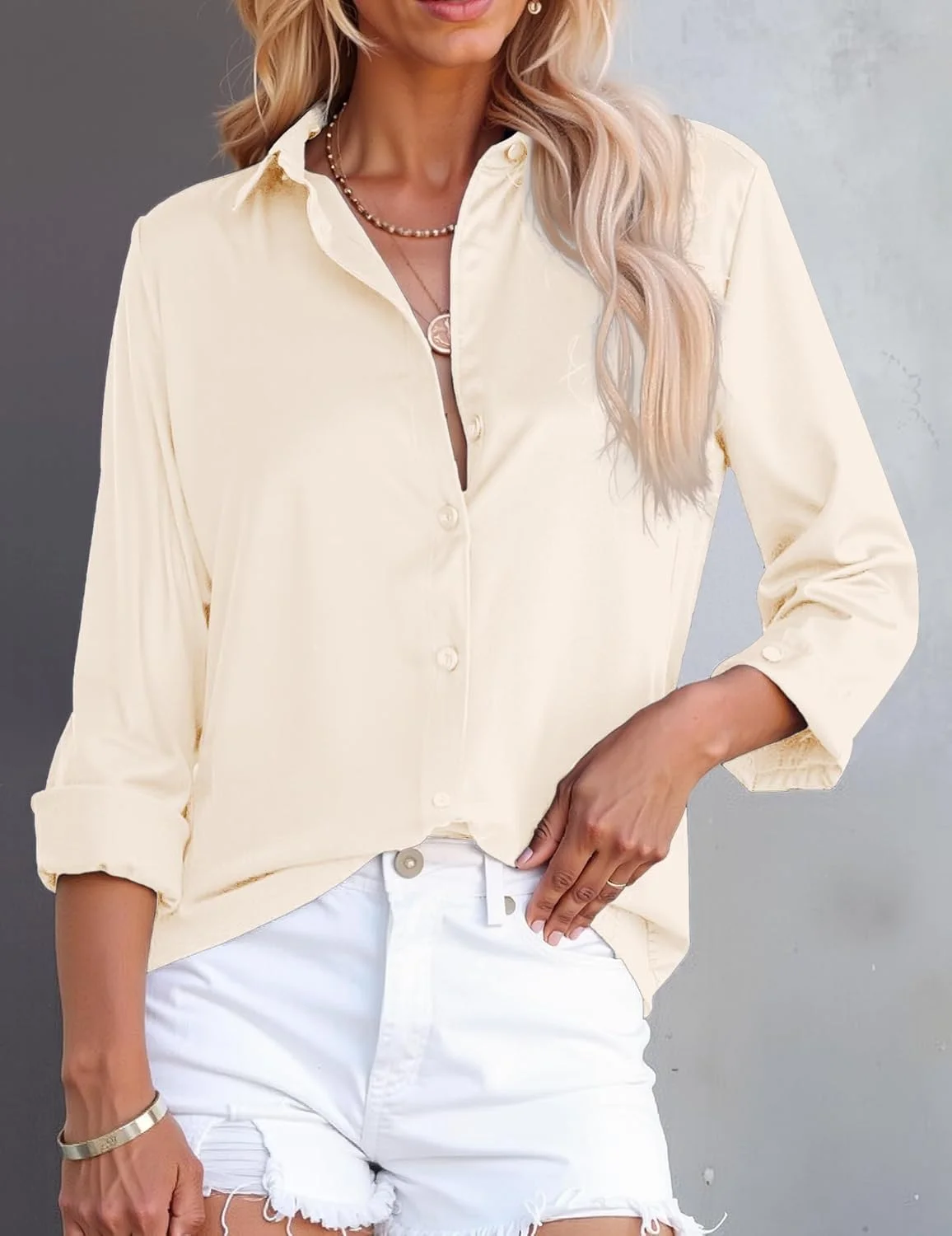 بلوز زنانه دکمه دار ساتن ابریشمی نرم، سبک، یقه برگردان هفت، مناسب کار، آستین بلند به همراه جیب