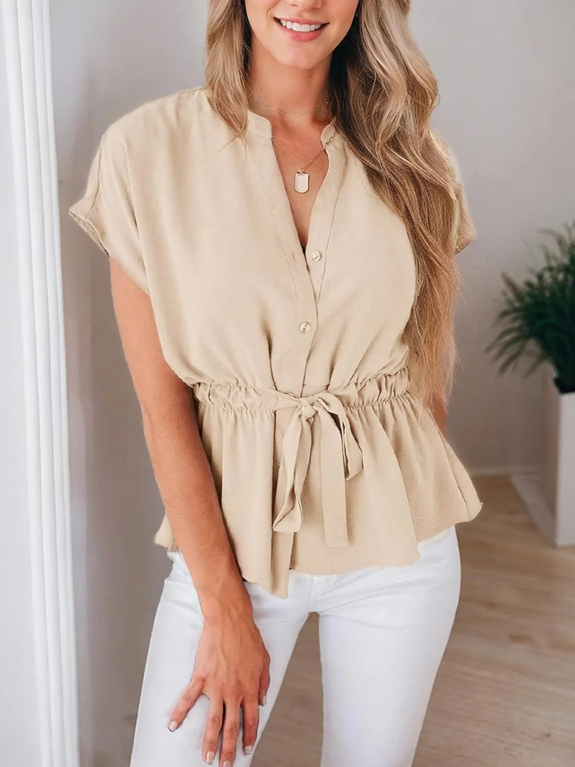 بلوز زنانه دکمه دار، تاپ های پلومی تابستانی غیر رسمی، بلوز شیک مناسب کار