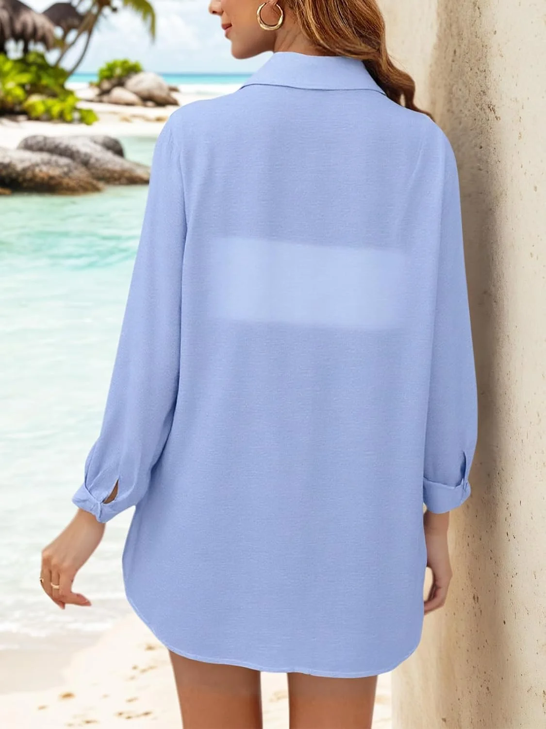 پیراهن دکمه دار زنانه پاییز 2025، پیراهن ساحلی غیر رسمی یقه هفت، آستین بلند گره دار، کت محافظ آفتاب، آبی سایز L