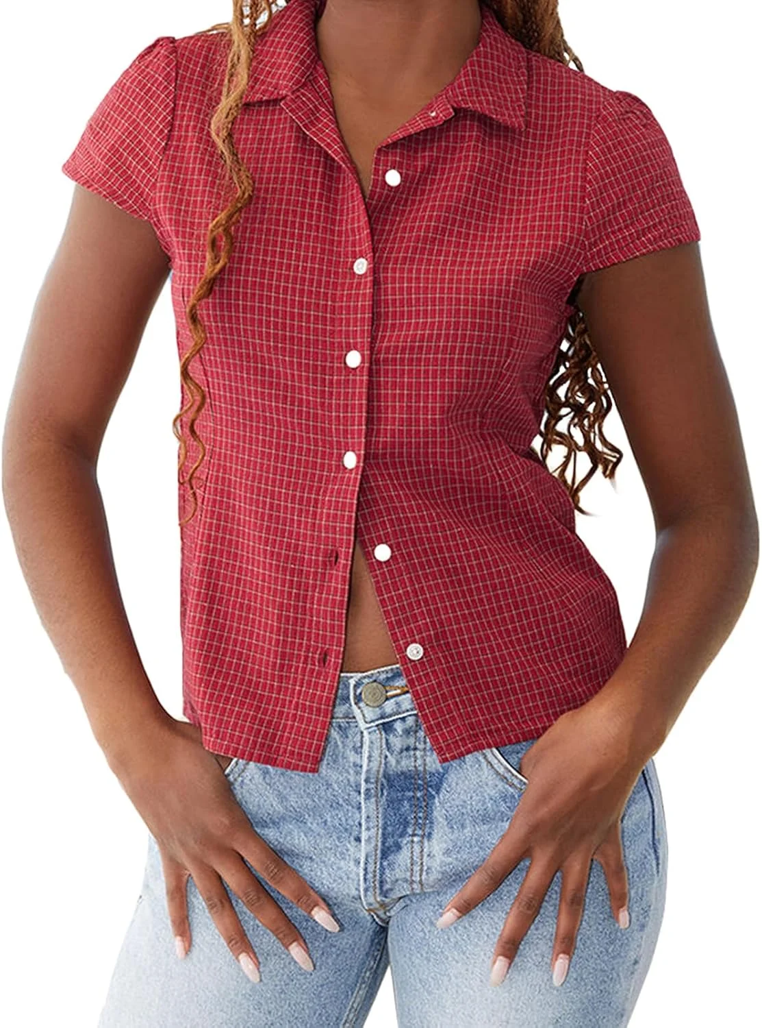 بلوز زنانه چهارخانه دکمه دار آستین کوتاه با یقه برگردان، مناسب برای تابستان