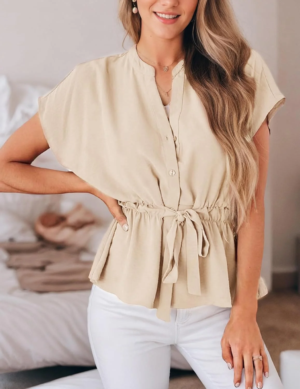 بلوز زنانه دکمه دار، تاپ های پلومی تابستانی غیر رسمی، بلوز شیک مناسب کار