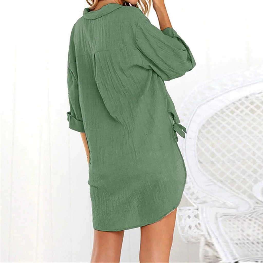 بلوز دکمه دار زنانه آستین بلند یقه هفت گشاد لباس ساحلی پوششی تونیک تابستانی