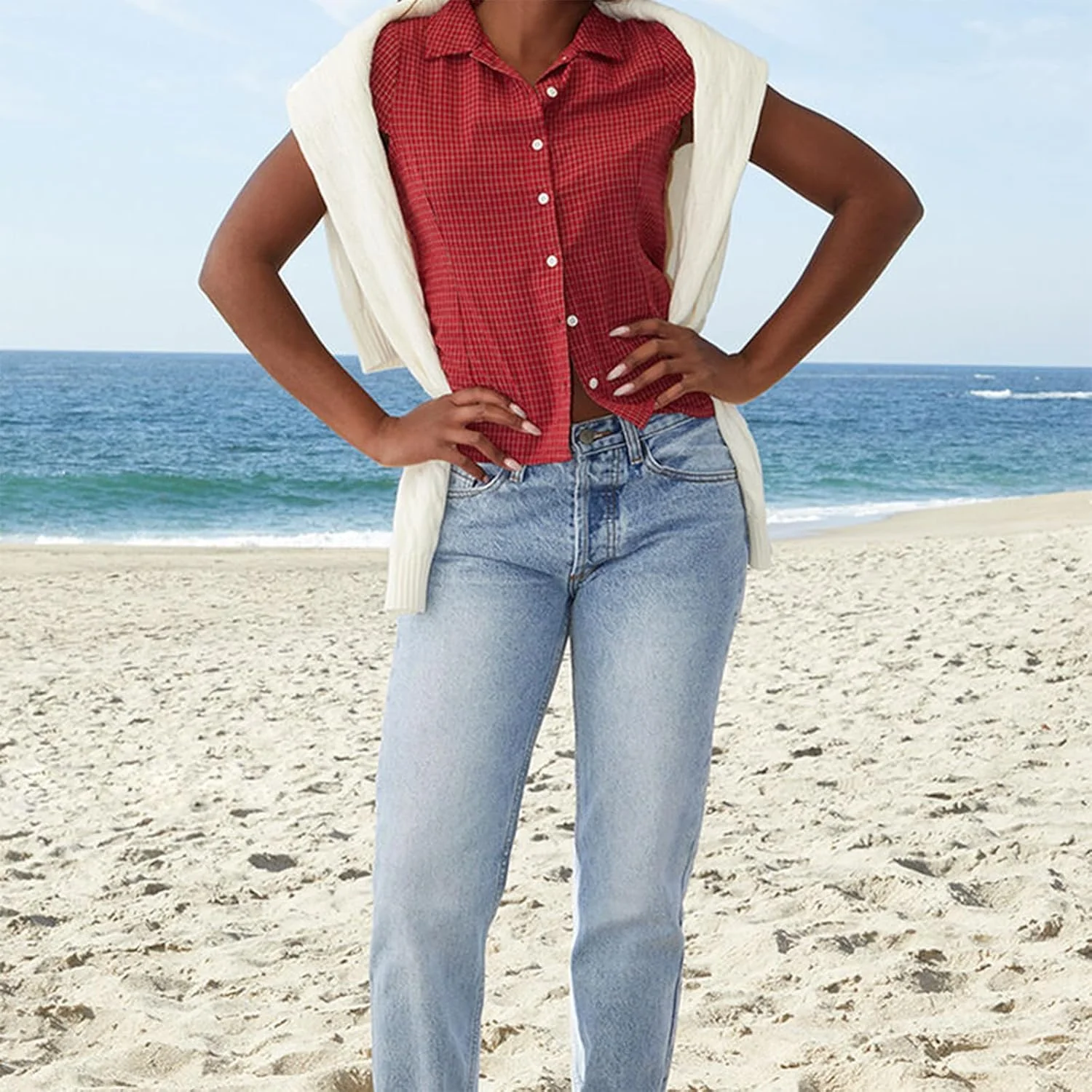 بلوز زنانه چهارخانه دکمه دار آستین کوتاه با یقه برگردان، مناسب برای تابستان