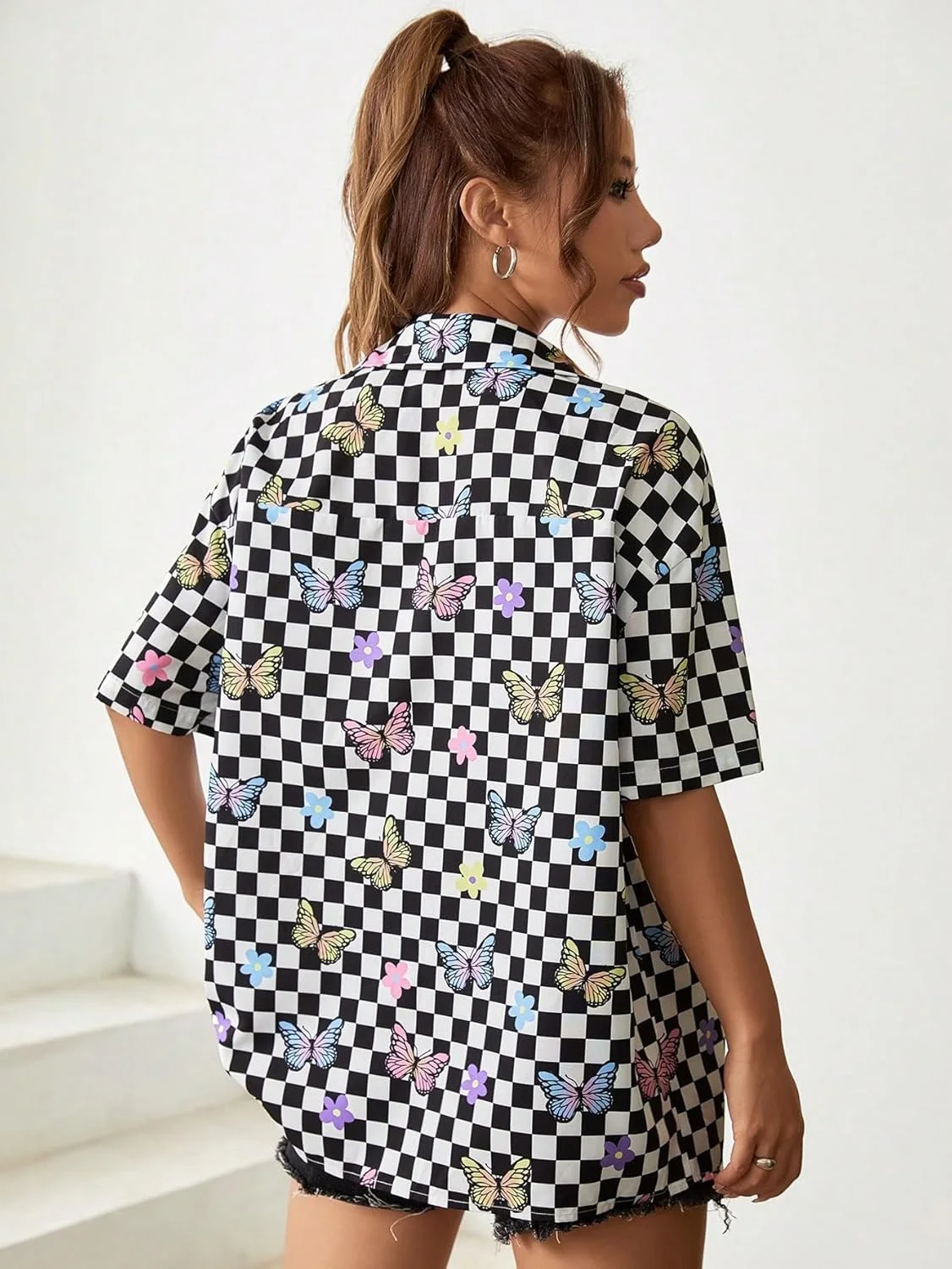 بلوز چهارخانه دکمه دار زنانه، آستین کوتاه، یقه دار، مدل بزرگ