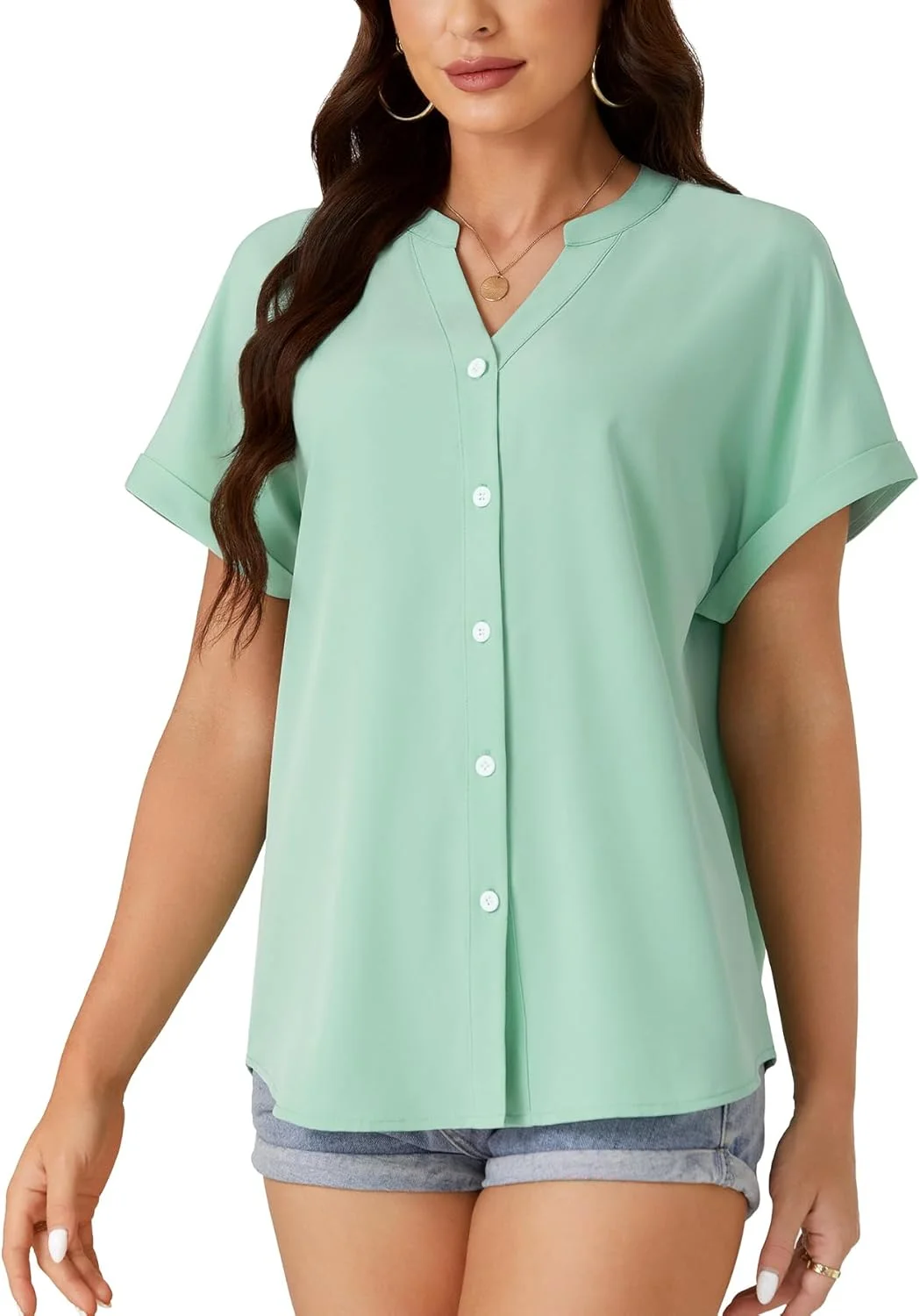 بلوز زنانه دکمه دار یقه هفت خفاشی آستین کوتاه مناسب محیط کار و استایل رسمی