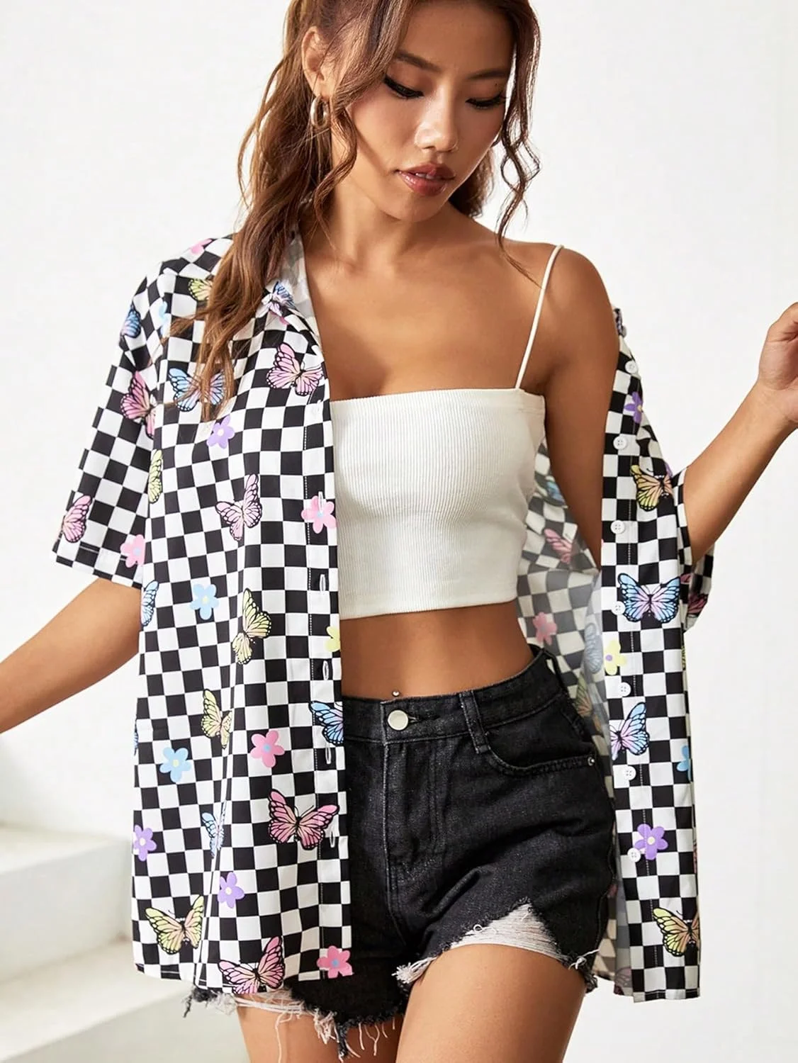 بلوز چهارخانه دکمه دار زنانه، آستین کوتاه، یقه دار، مدل بزرگ