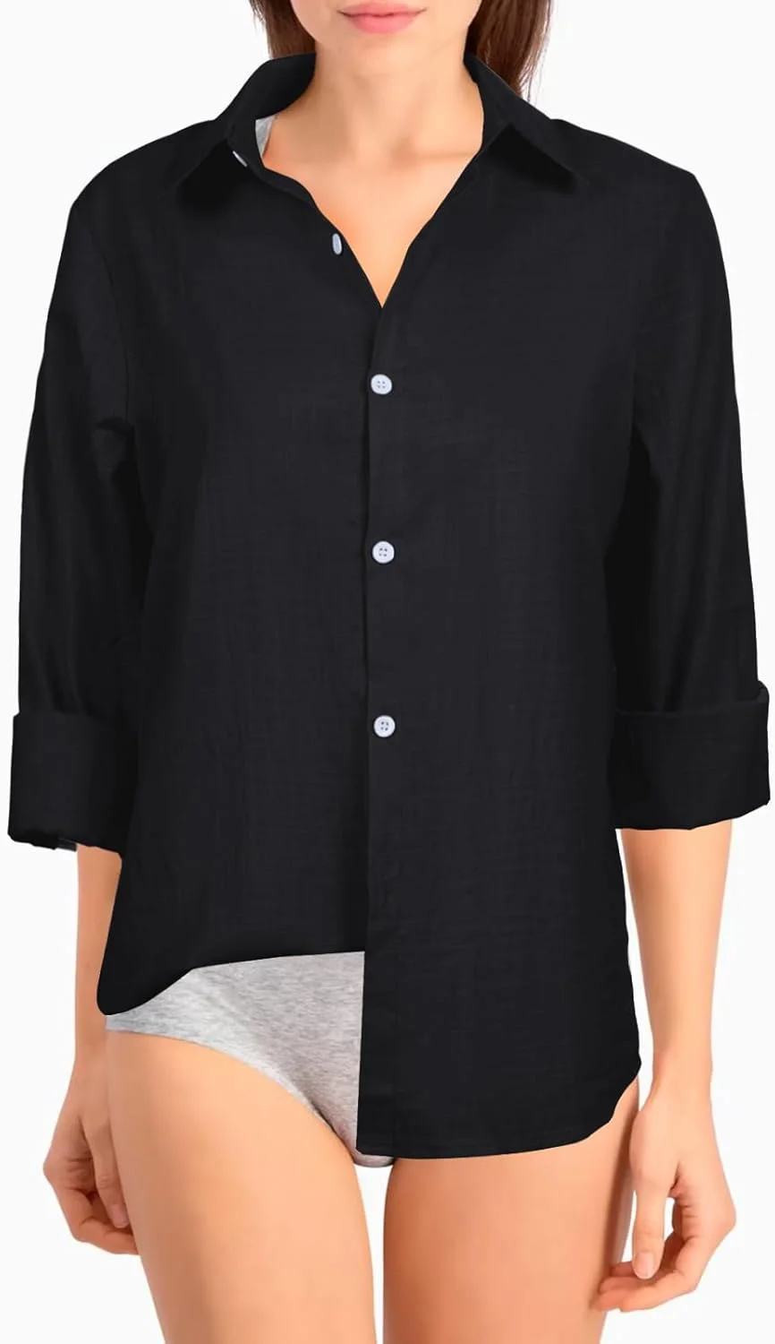 بلوز و پیراهن زنانه لینن، آستین بلند با قابلیت جمع شدن، یقه هفت، تیشرت های دکمه دار ساده و گشاد مناسب کار در اداره