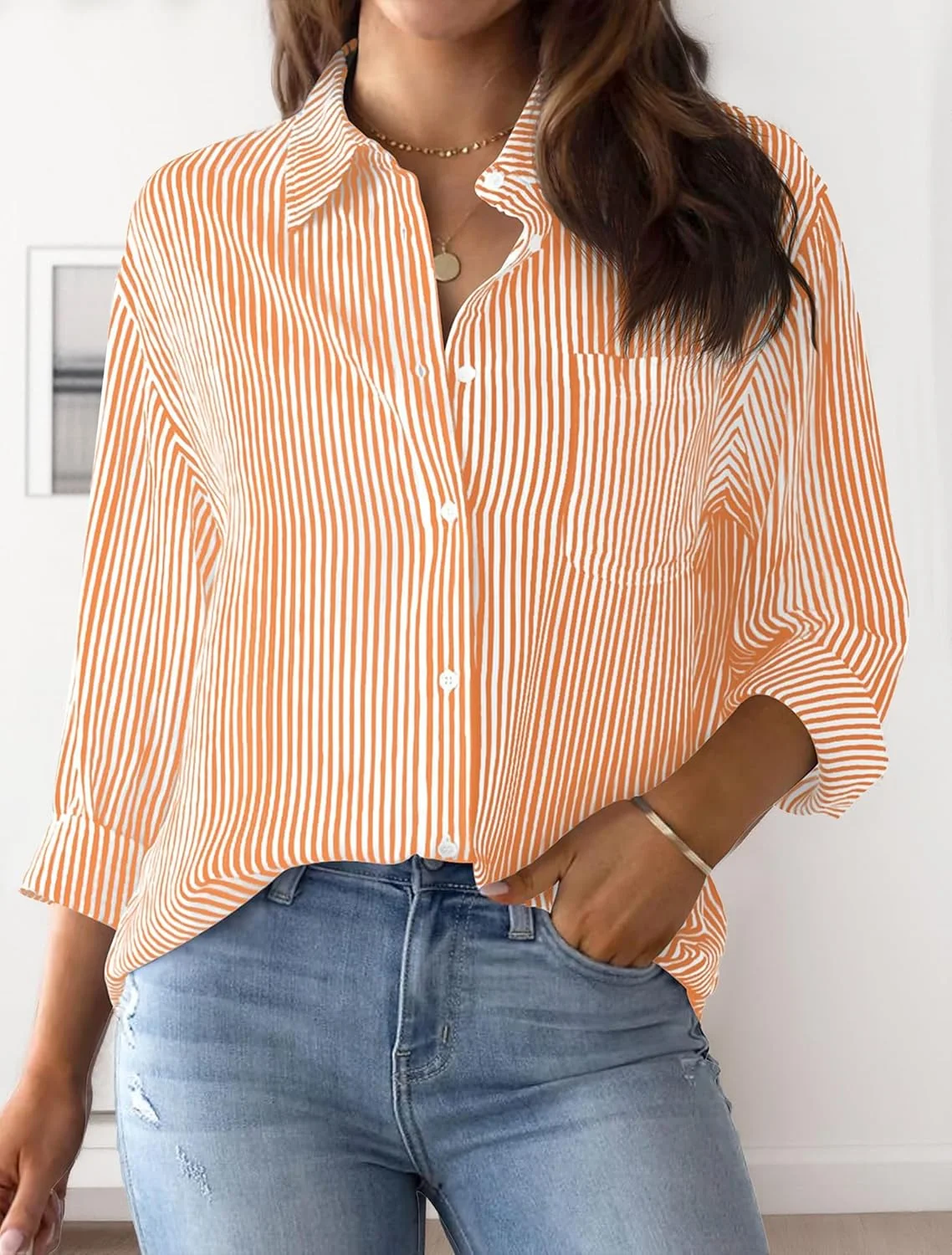 بلوزهای مجلسی زنانه آستین بلند راه راه دکمه دار، تاپ های شیک یقه دار مناسب کار در دفتر با جیب بلوزهای مجلسی زنانه آستین بلند راه راه دکمه دار، تاپ های شیک یقه دار مناسب کار در دفتر با جیب