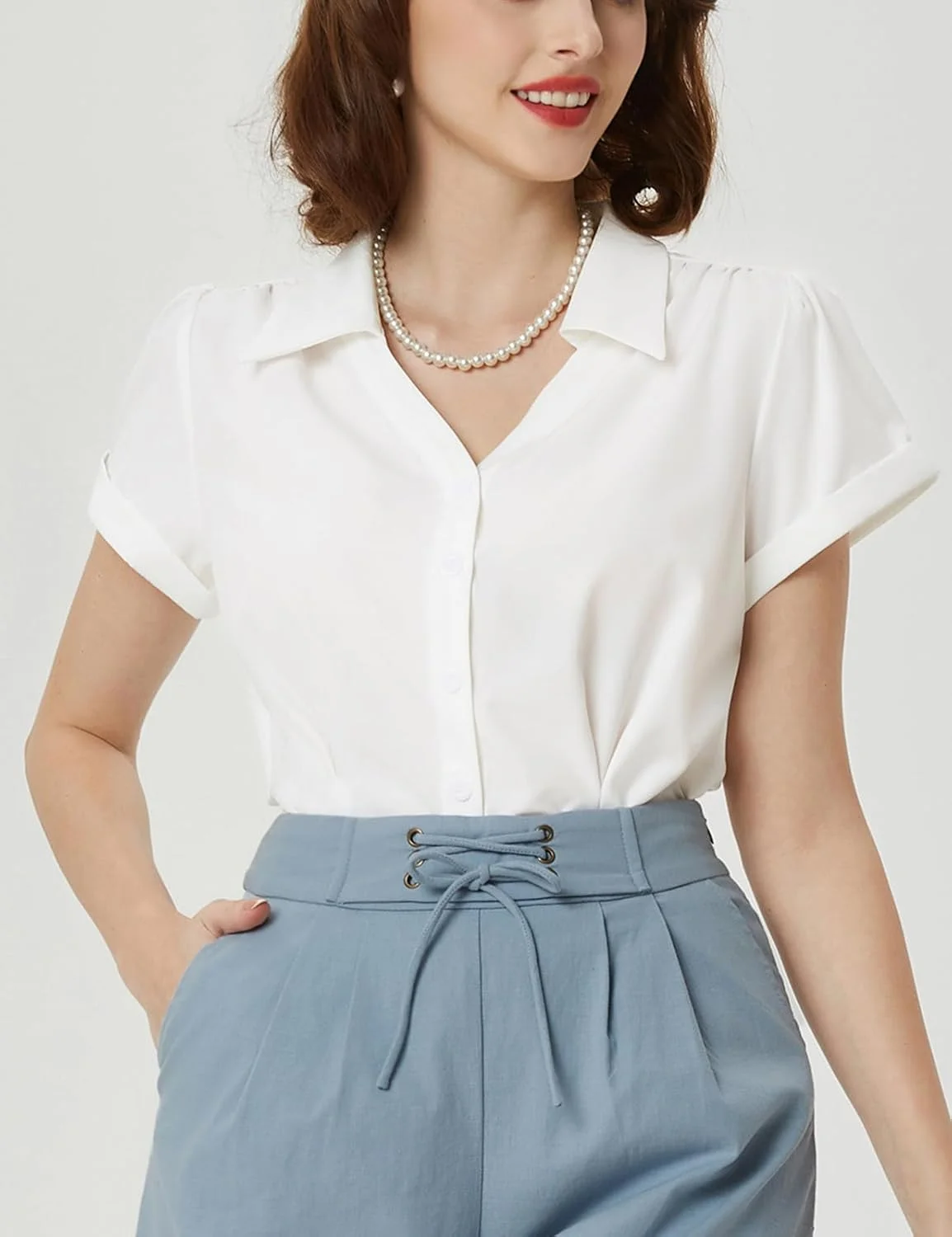 بلوز زنانه آستین کوتاه دکمه دار Belle Poque، پیراهن های وینتیج، بلوزهای شیک و غیر رسمی مناسب کار