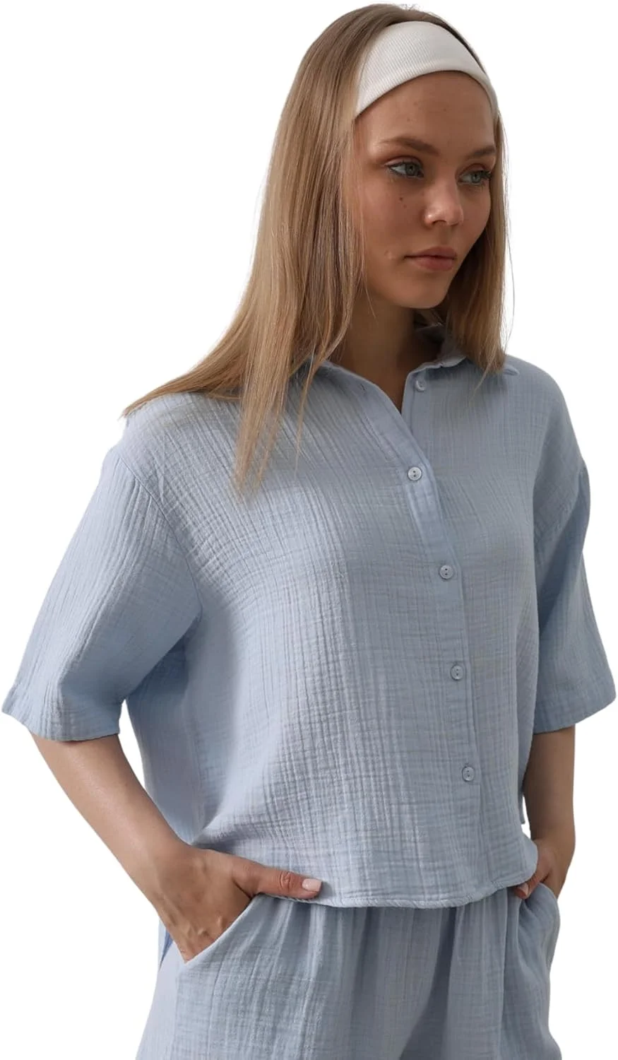 پیراهن زنانه دکمه دار 100% پنبه موسلین - سبک، قابل تنفس، مدل آزاد، ساخت ترکیه پیراهن زنانه دکمه دار 100% پنبه موسلین - سبک، قابل تنفس، مدل آزاد، ساخت ترکیه
