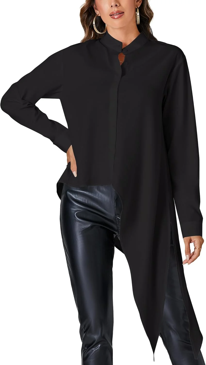 بلوز زنانه یقه ایستاده آستین بلند دکمه دار نامتقارن