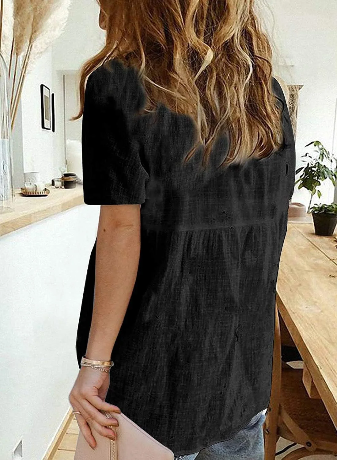 بلوز زنانه لینن یقه هفت دکمه دار آستین کوتاه گشاد مناسب کار