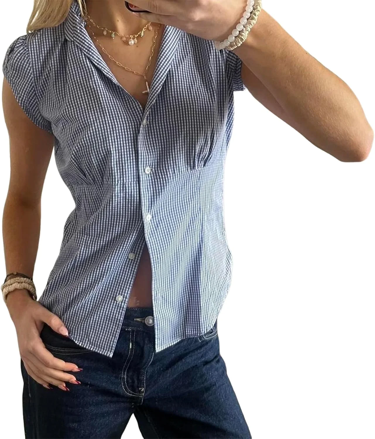 بلوز زنانه Y2K طرح چهارخانه آستین کوتاه یقه هفت دکمه دار مناسب استفاده روزمره