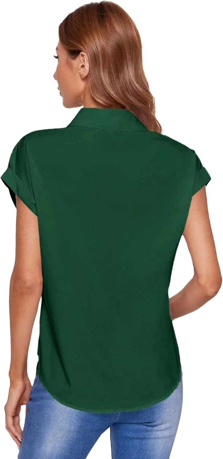 بلوز زنانه آستین کوتاه دکمه دار با یقه و گره جلویی