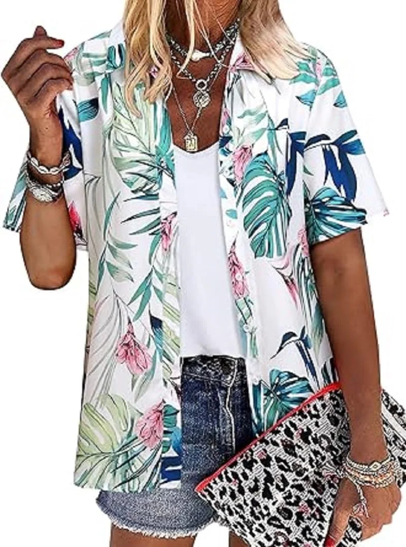 بلوز زنانه شیک یقه برگردان، یقه هفت، آستین کوتاه، دکمه دار و آزاد