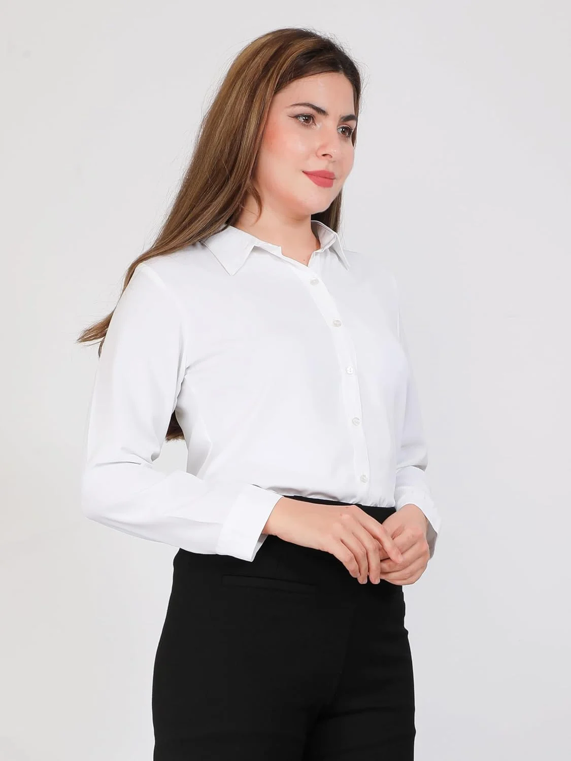 پیراهن رسمی زنانه - بلوز پلی لاکرا ممتاز | لباس اداری بدون چروک | یقه دار | پیراهن دکمه دار آستین سه ربع | تاپ لباس کار غیر رسمی تجاری برای زنان