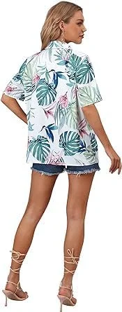 بلوز زنانه شیک یقه برگردان، یقه هفت، آستین کوتاه، دکمه دار و آزاد