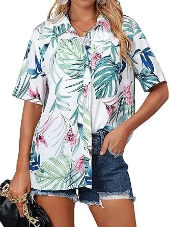 بلوز زنانه شیک یقه برگردان، یقه هفت، آستین کوتاه، دکمه دار و آزاد