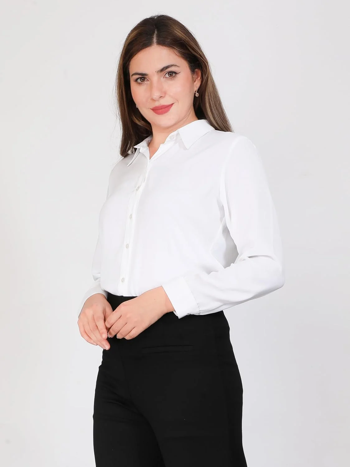 پیراهن رسمی زنانه - بلوز پلی لاکرا ممتاز | لباس اداری بدون چروک | یقه دار | پیراهن دکمه دار آستین سه ربع | تاپ لباس کار غیر رسمی تجاری برای زنان