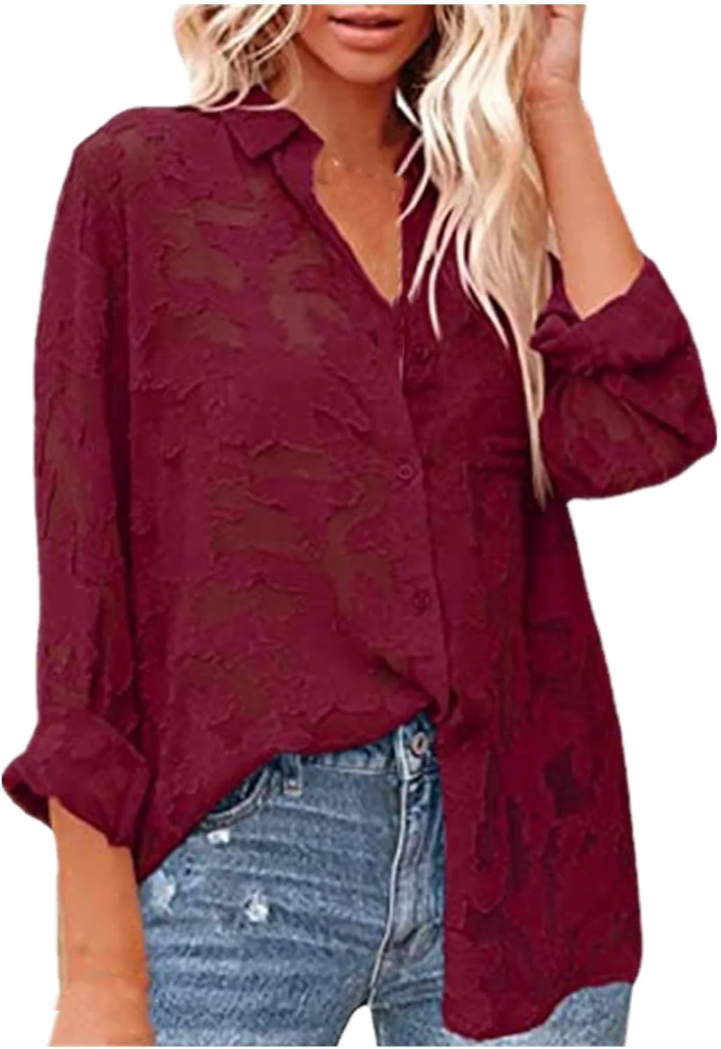 پیراهن زنانه دکمه دار بوهو، بلوز نخی غیر رسمی سایز بزرگ یقه هفت (قرمز، XL)
