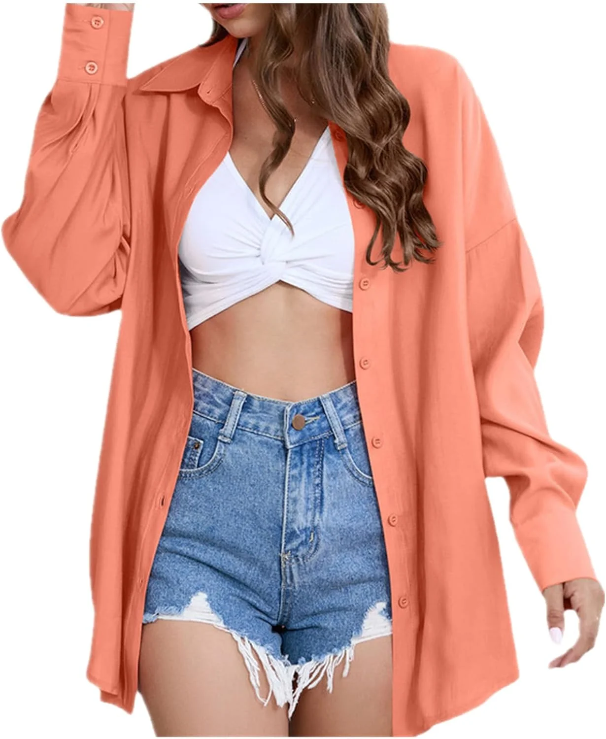 پیراهن زنانه دکمه دار بوهو، بلوز پنبه ای غیر رسمی سایز بزرگ یقه هفت (قرمز، L)