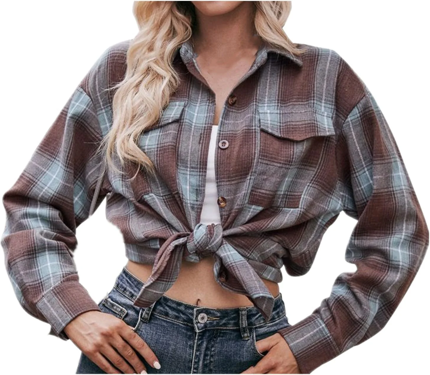 پیراهن دکمه دار زنانه بوهو، بلوز نخی غیر رسمی سایز بزرگ یقه هفت (سبز، M)