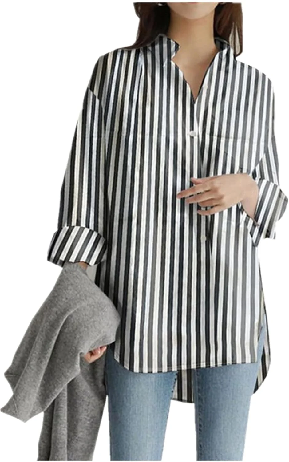 پیراهن زنانه دکمه دار بوهو، بلوز نخی غیر رسمی سایز بزرگ یقه هفت (مشکی، 2XL)