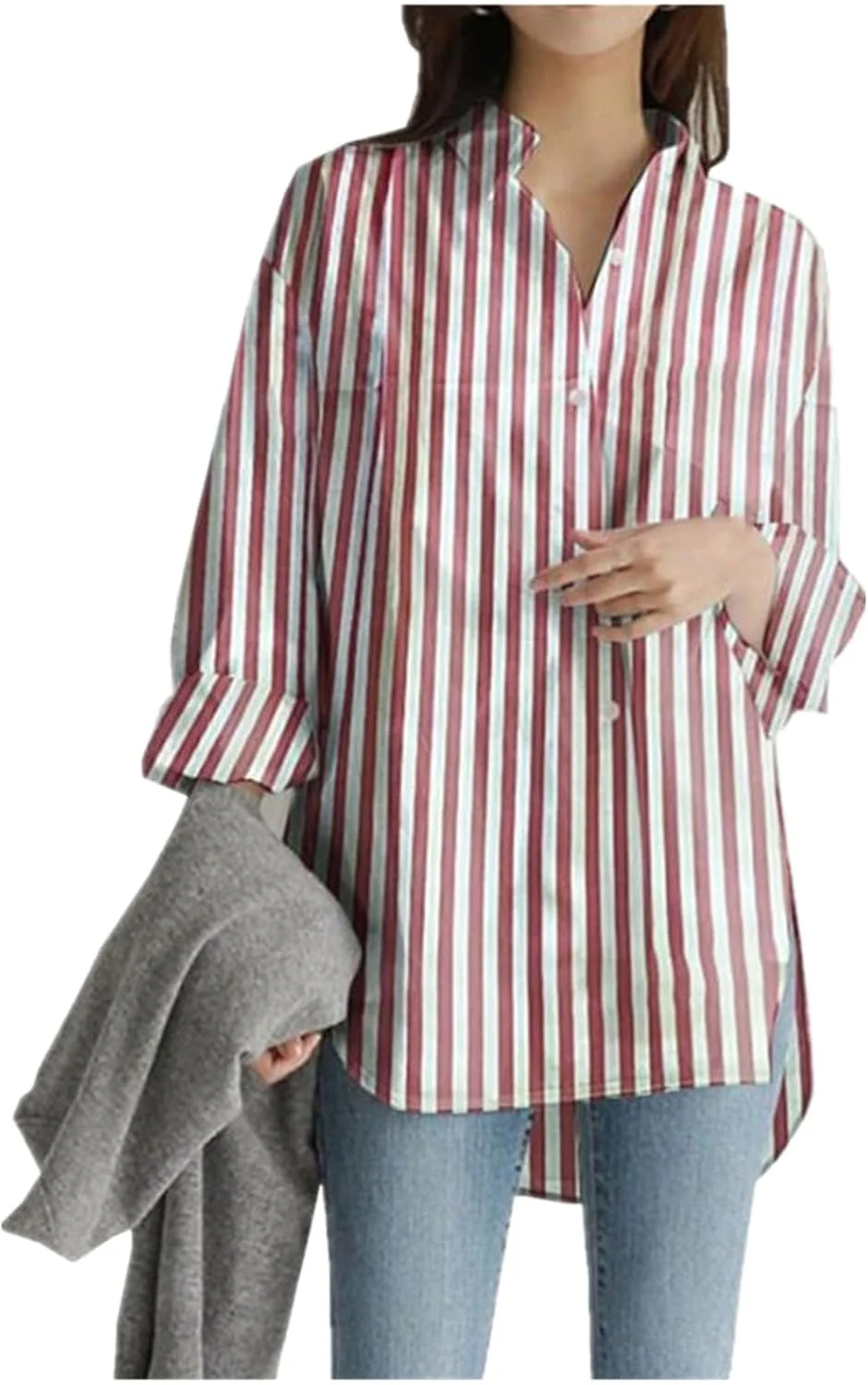 پیراهن زنانه دکمه دار بوهو، بلوز نخی غیر رسمی سایز بزرگ یقه هفت (قرمز، 2XL)