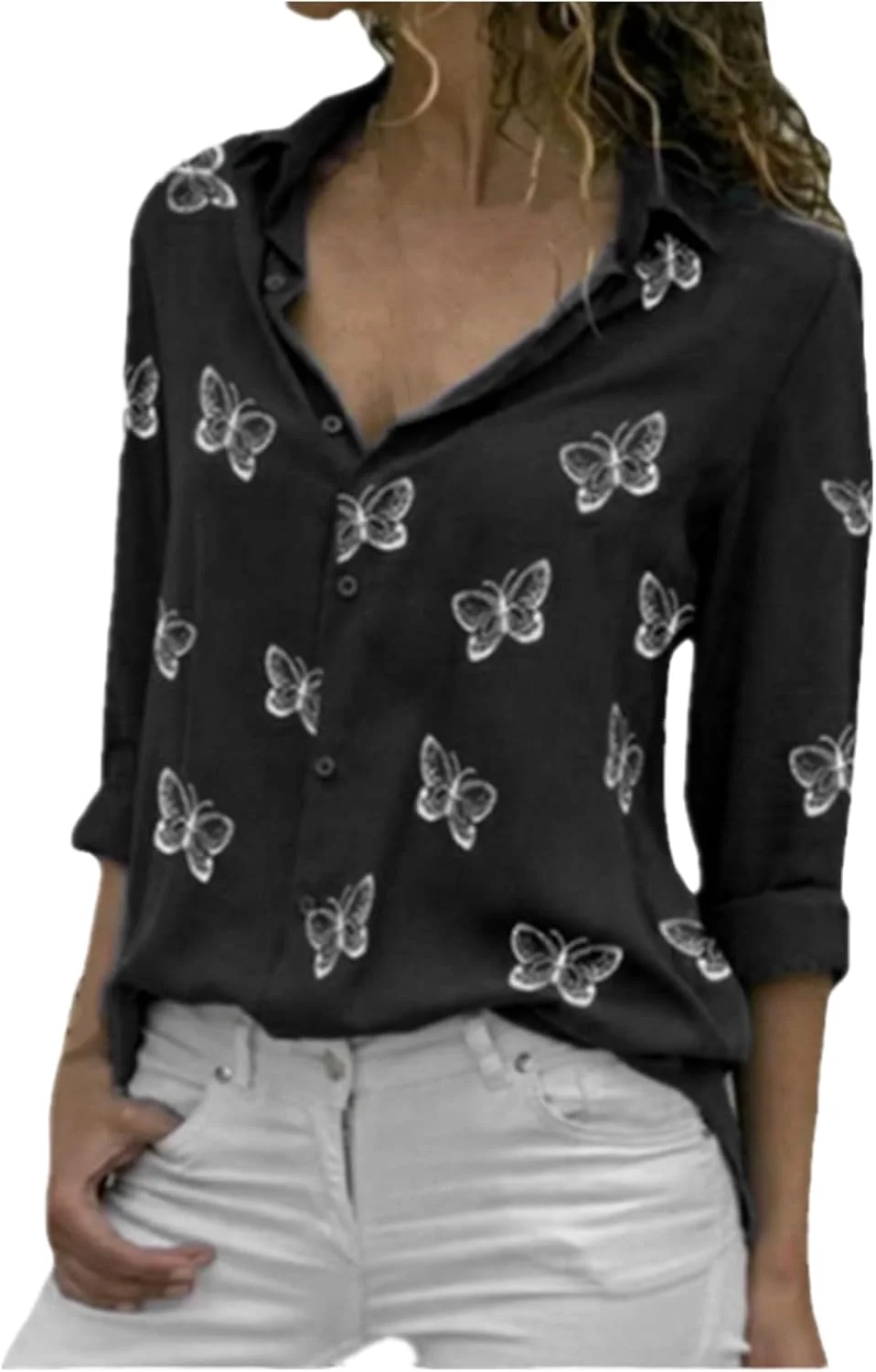 پیراهن زنانه دکمه دار بوهو، بلوز نخی غیر رسمی سایز بزرگ یقه هفت (مشکی، XXXXL) پیراهن زنانه دکمه دار بوهو، بلوز نخی غیر رسمی سایز بزرگ یقه هفت (مشکی، XXXXL)