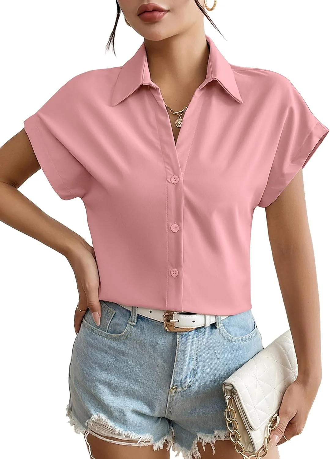 بلوز زنانه Weardear آستین کوتاه، پیراهن های غیر رسمی یقه هفت دکمه دار مناسب کار و اداره