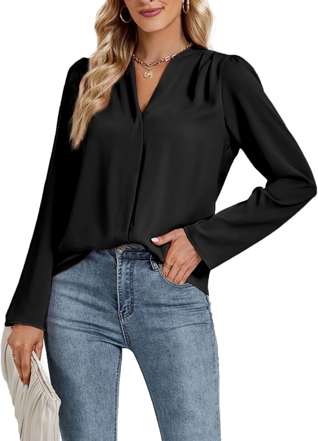 بلوز زنانه Vrtige، یقه هفت، آستین بلند، دکمه دار، مناسب محیط کار، مشکی، XS