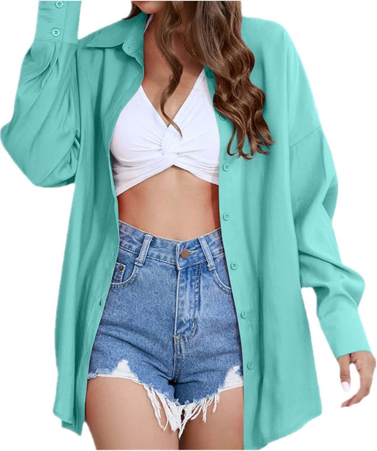 پیراهن دکمه دار زنانه بوهو، بلوز نخی غیر رسمی سایز بزرگ یقه هفت (سبز، L) پیراهن دکمه دار زنانه بوهو، بلوز نخی غیر رسمی سایز بزرگ یقه هفت (سبز، L)