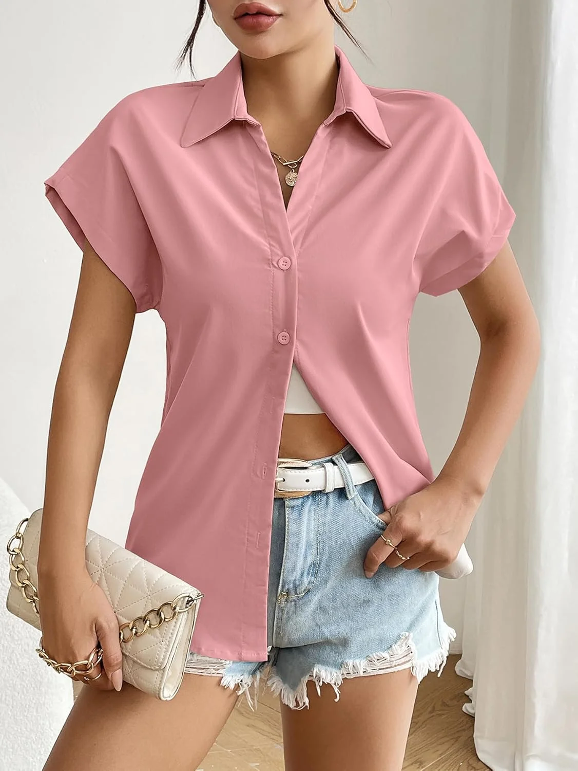 بلوز زنانه Weardear آستین کوتاه، پیراهن های غیر رسمی یقه هفت دکمه دار مناسب کار و اداره