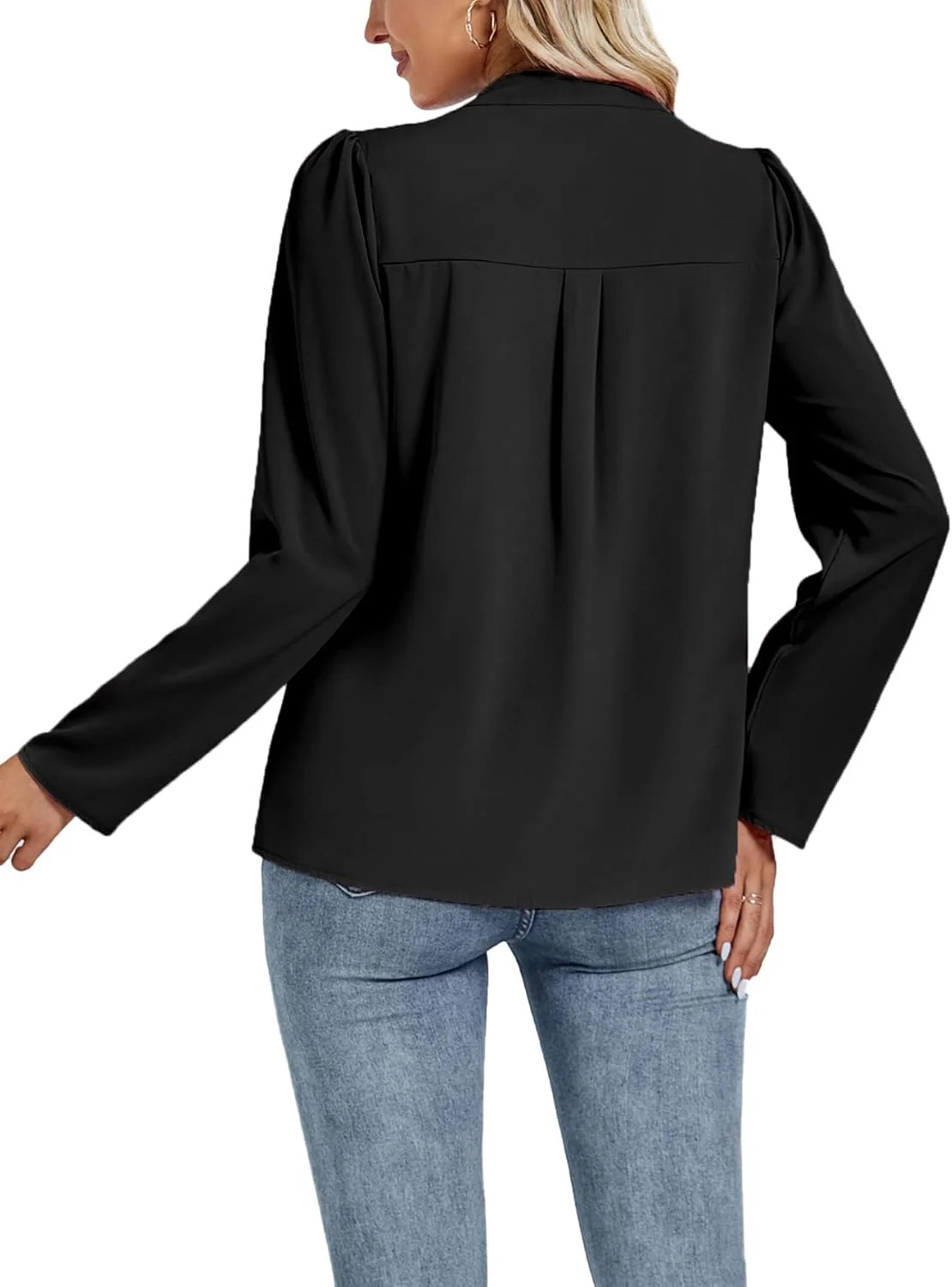 بلوز زنانه Vrtige، یقه هفت، آستین بلند، دکمه دار، مناسب محیط کار، مشکی، XS