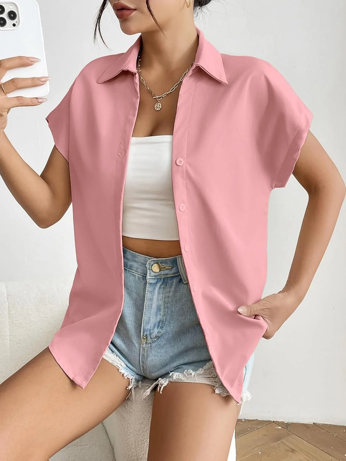 بلوز زنانه Weardear آستین کوتاه، پیراهن های غیر رسمی یقه هفت دکمه دار مناسب کار و اداره