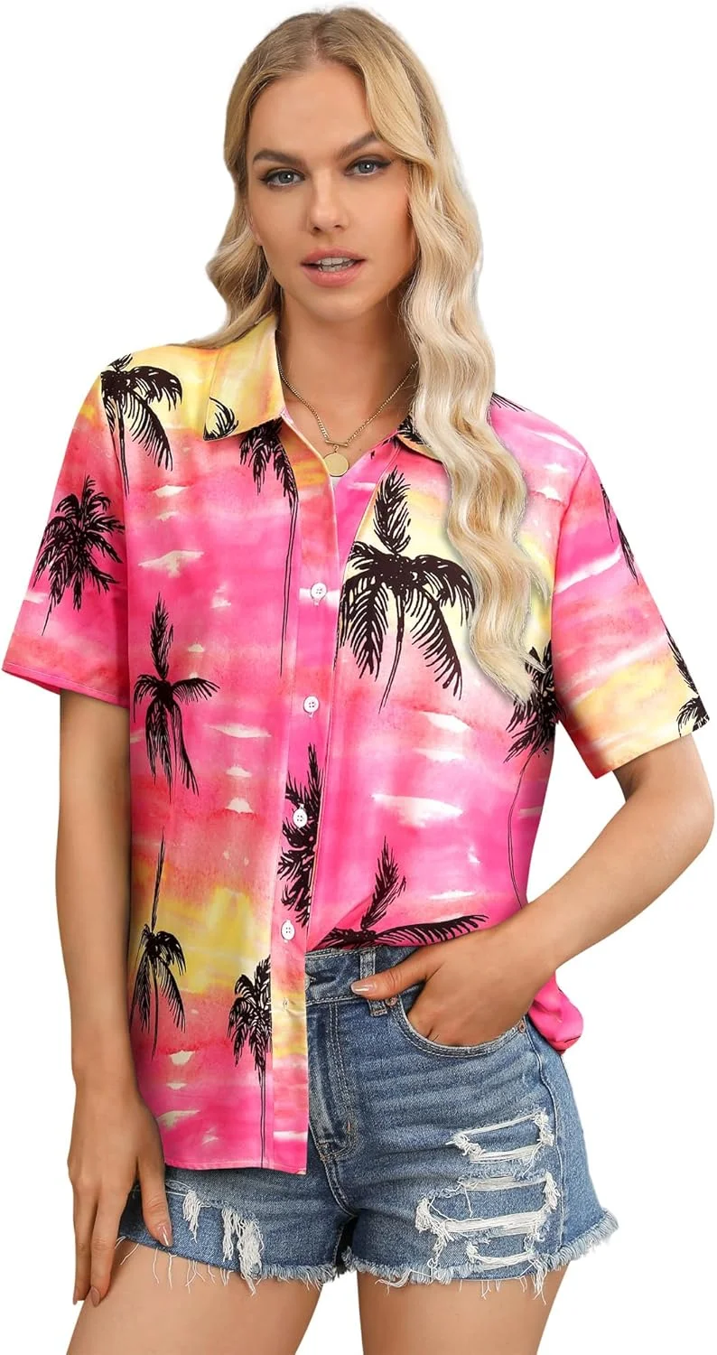 WIEIYM پیراهن های هاوایی طرح گل دکمه دار بلوز زنانه تیشرت گرافیکی گل تاپ آستین کوتاه غیر رسمی تابستانی تی تعطیلات ساحلی گرمسیری یونیسکس