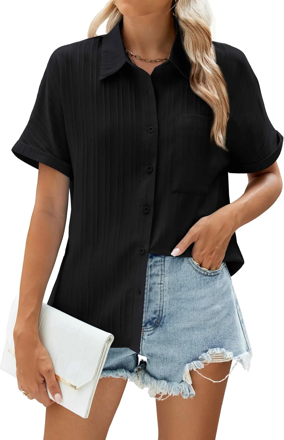 بلوز زنانه WANGZHI آستین کوتاه یقه دار دکمه دار با جیب