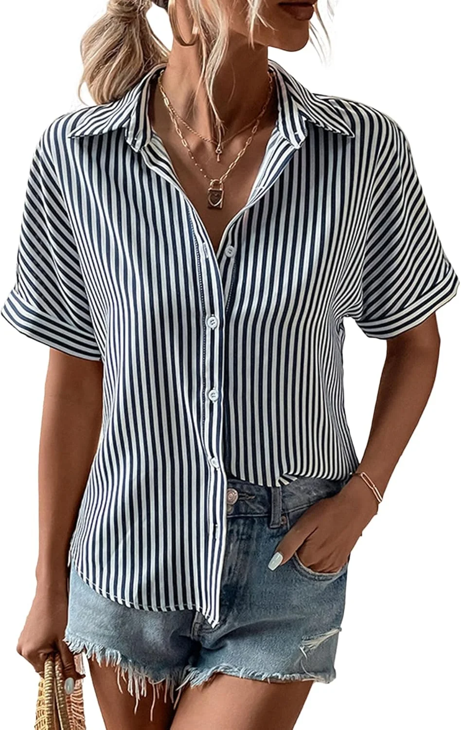 بلوز زنانه ورتیج، آستین کوتاه، راه راه، دکمه دار، یقه هفت