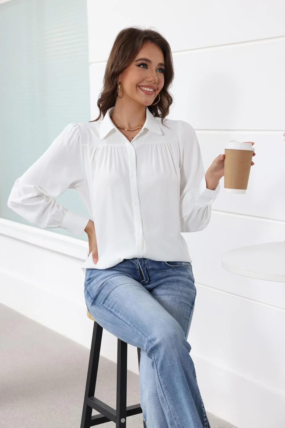 پیراهن دکمه دار زنانه VNIRA، بلوز آستین فانوسی بلند، مناسب استایل رسمی و غیر رسمی، یقه ایستاده