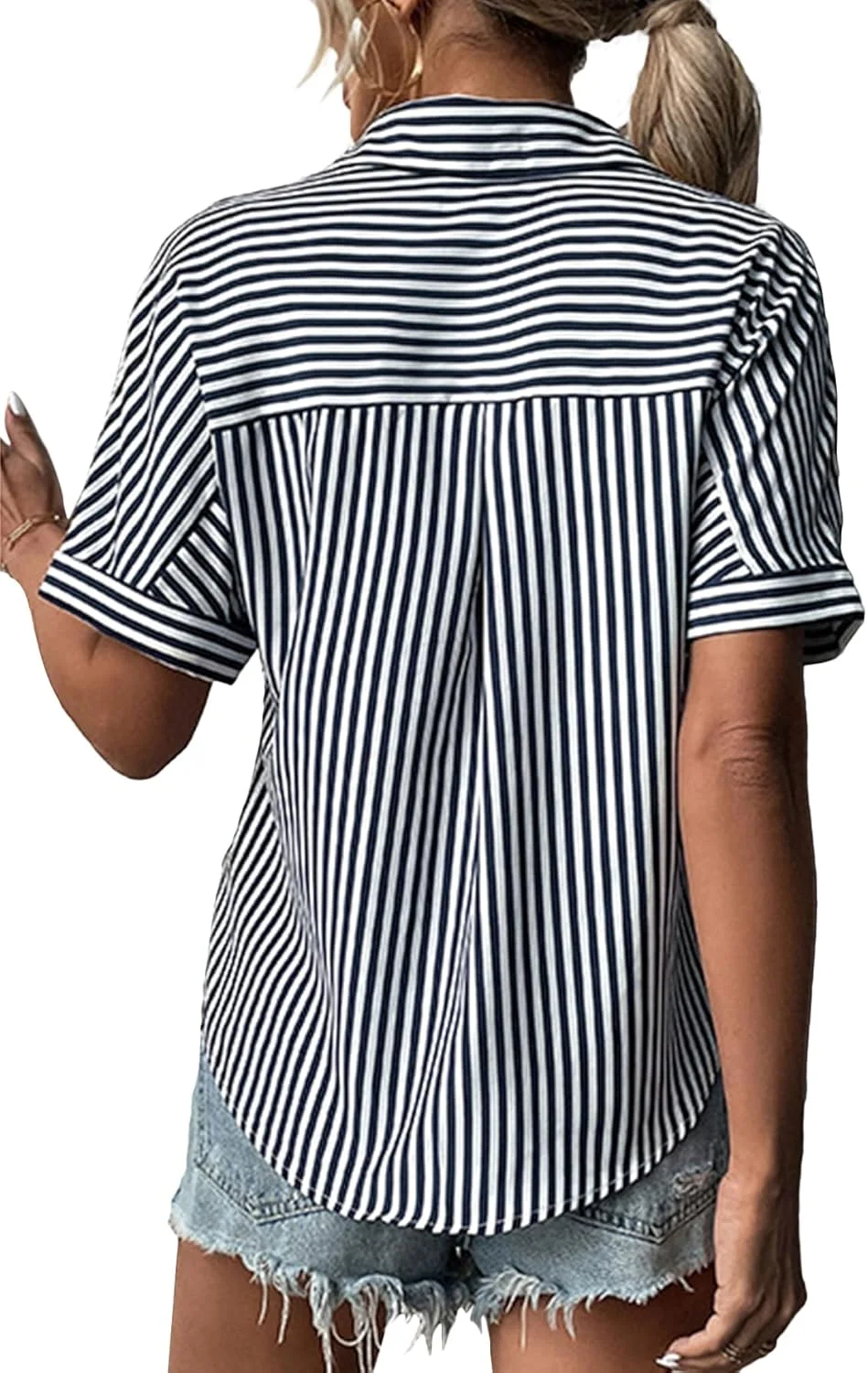 بلوز زنانه ورتیج، آستین کوتاه، راه راه، دکمه دار، یقه هفت