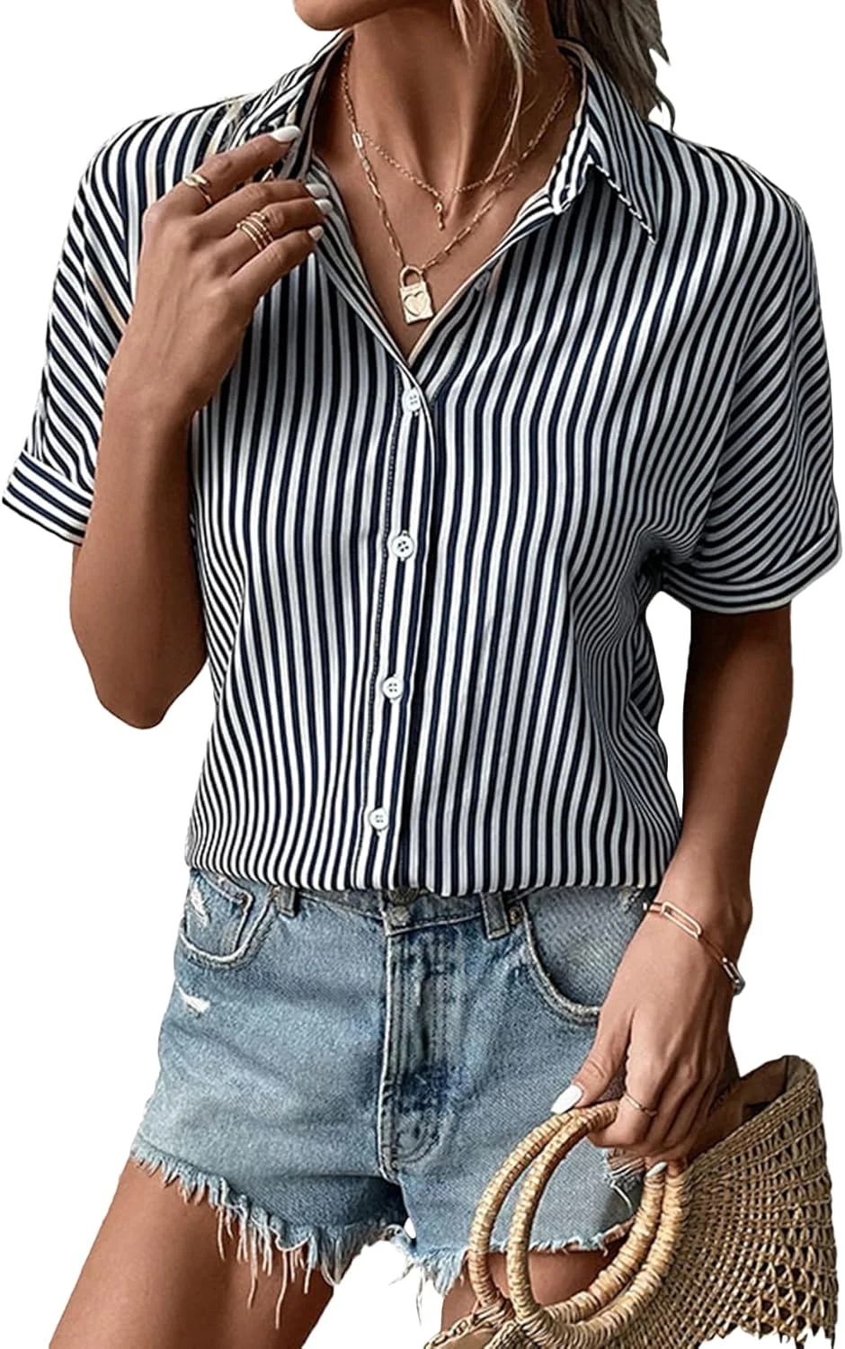 بلوز زنانه ورتیج، آستین کوتاه، راه راه، دکمه دار، یقه هفت