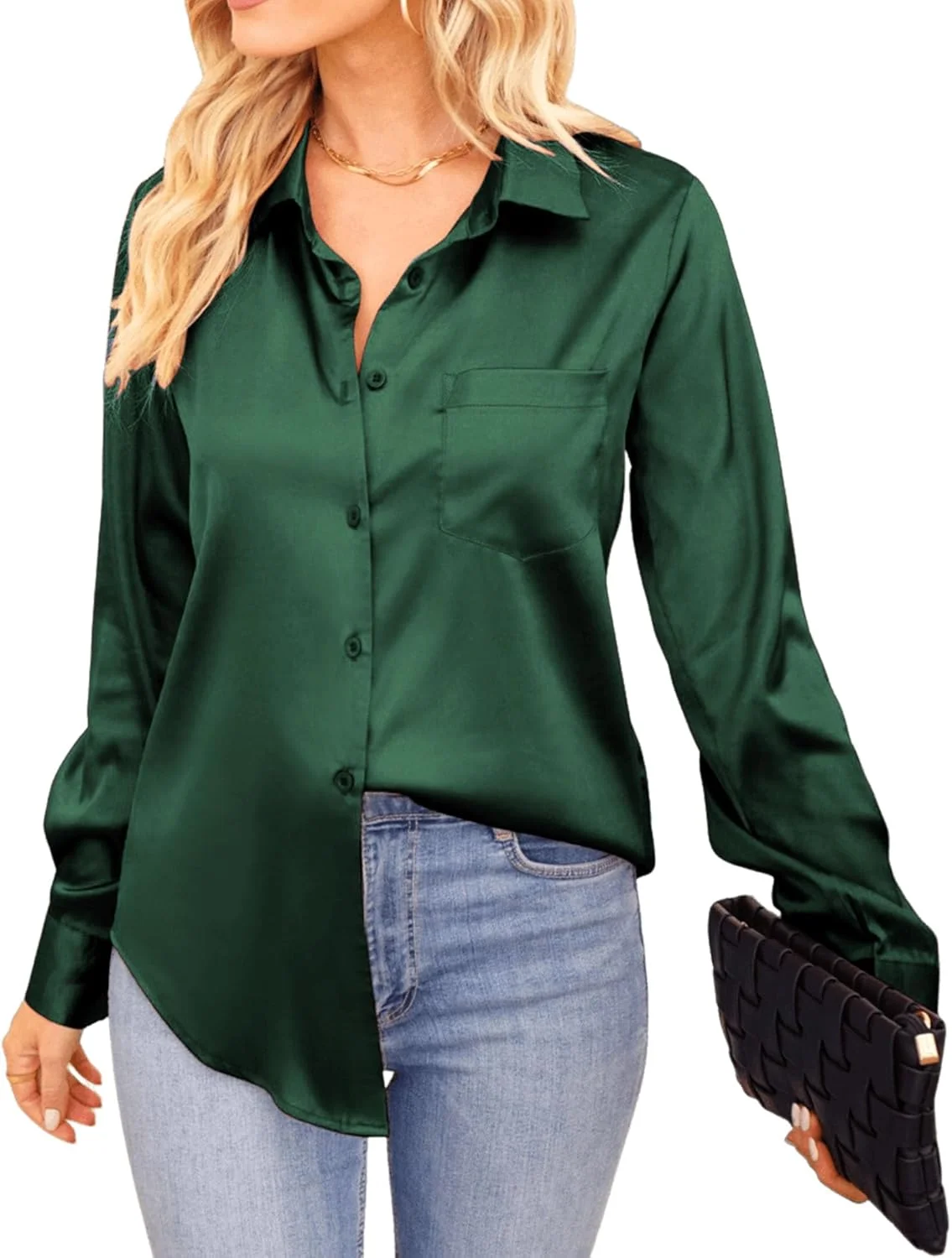 VIDUSSA بلوز زنانه دکمه دار ساتن ابریشمی آستین بلند، مناسب کار اداری، یقه هفت، مدل تونیک، سبز تیره، XL