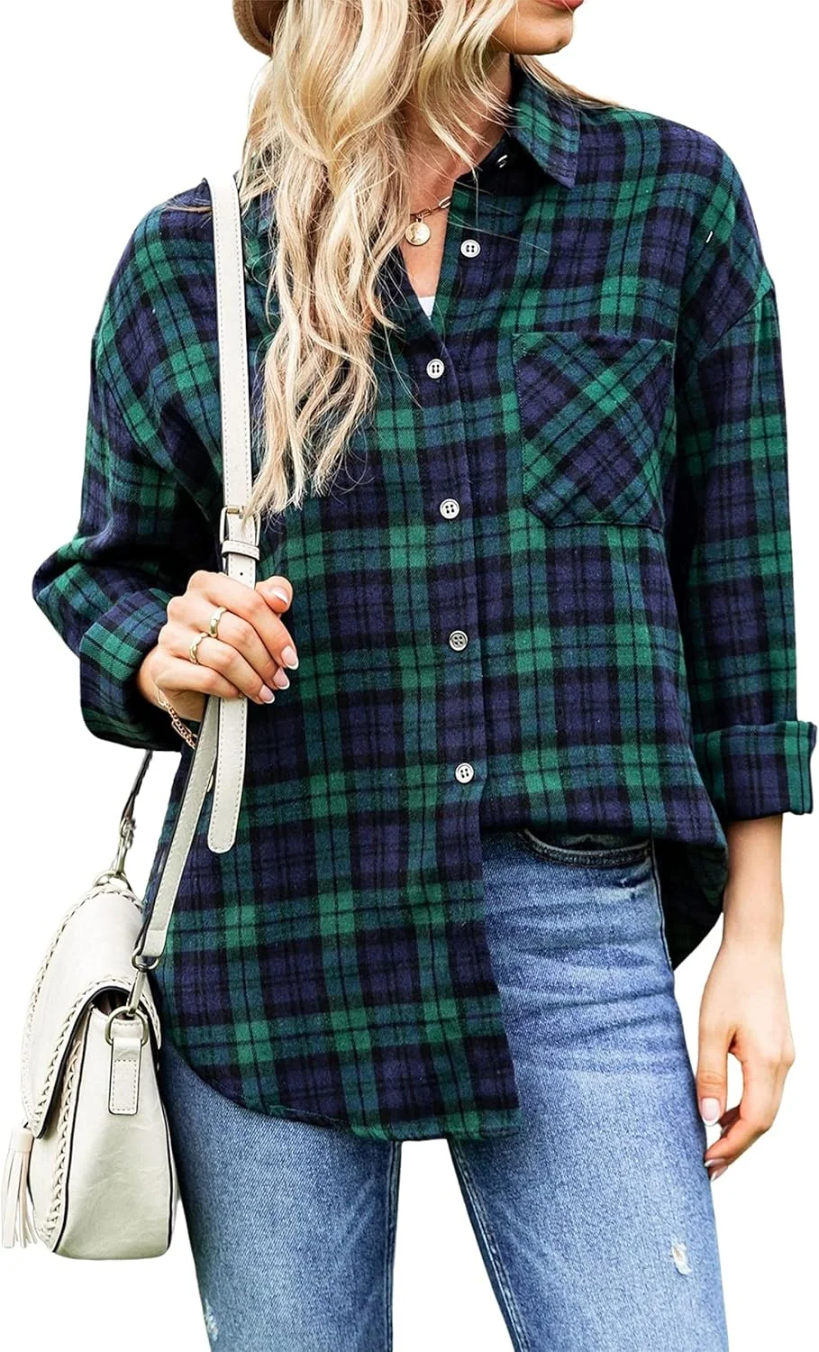 وانزتالی بلوز زنانه آستین بلند دکمه دار چهارخانه فلانل، مدل گشاد و غیر رسمی با جیب