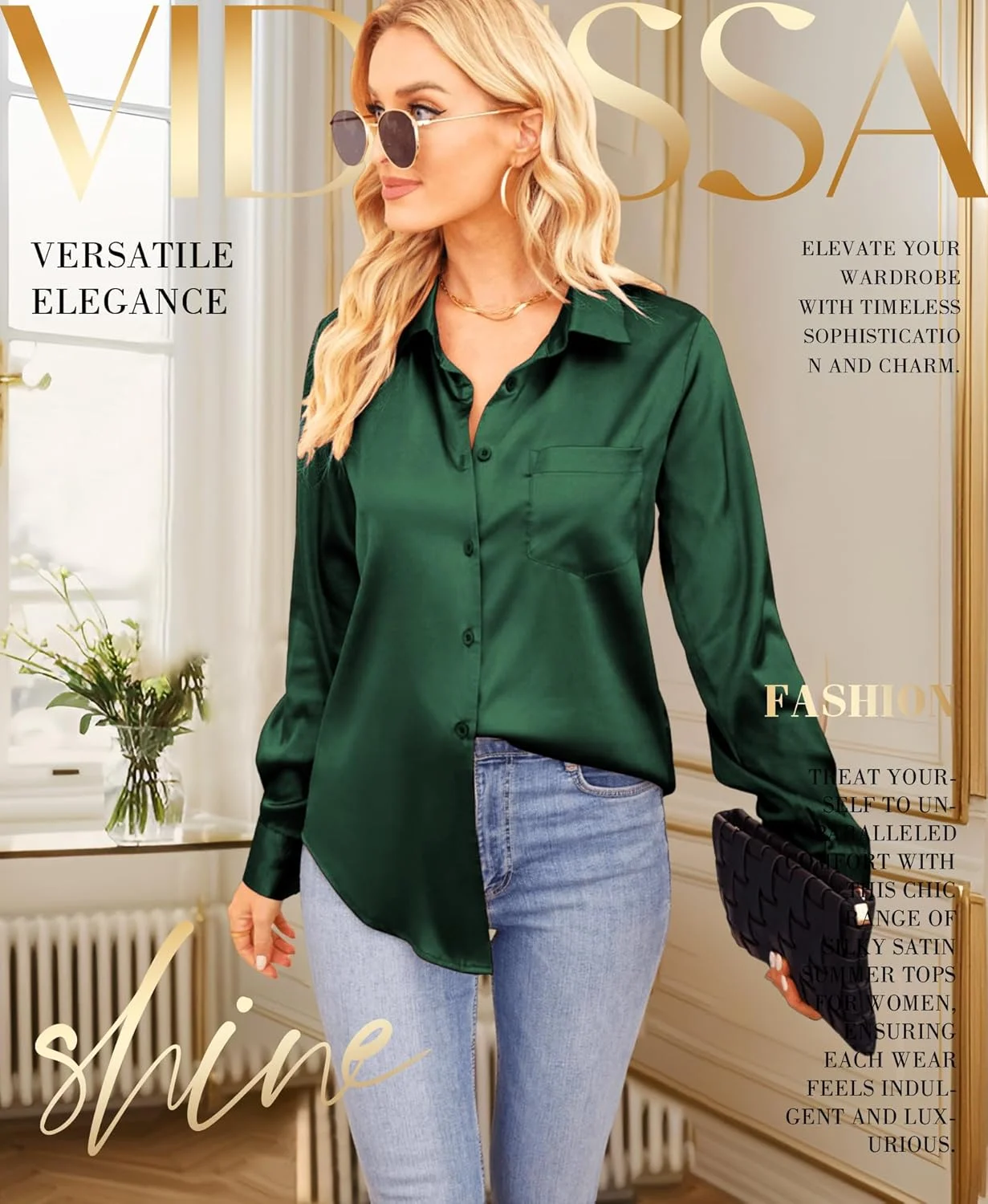 VIDUSSA بلوز زنانه دکمه دار ساتن ابریشمی آستین بلند، مناسب کار اداری، یقه هفت، مدل تونیک، سبز تیره، XL