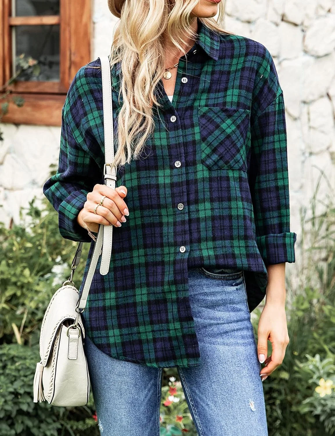وانزتالی بلوز زنانه آستین بلند دکمه دار چهارخانه فلانل، مدل گشاد و غیر رسمی با جیب