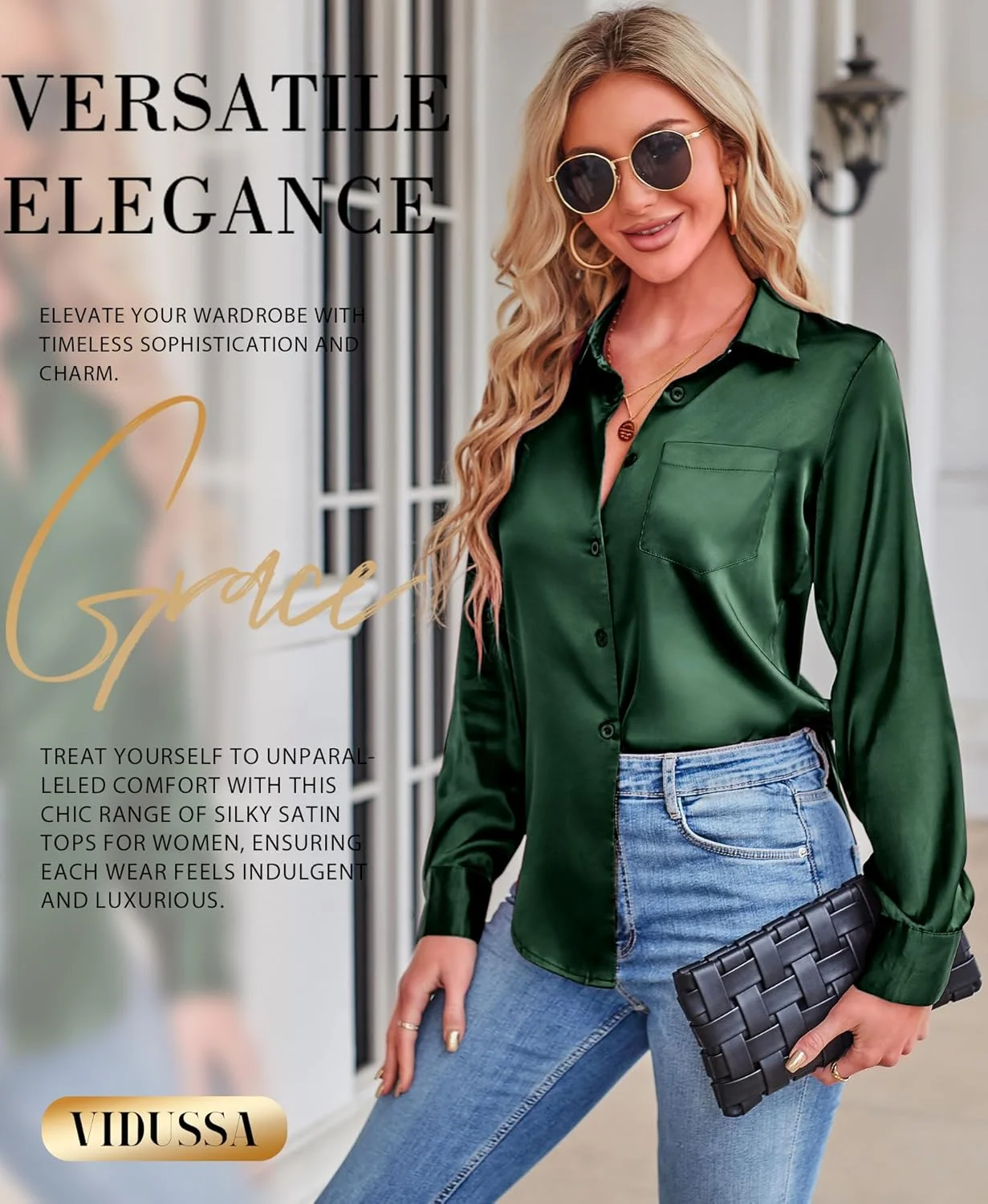 VIDUSSA بلوز زنانه دکمه دار ساتن ابریشمی آستین بلند، مناسب کار اداری، یقه هفت، مدل تونیک، سبز تیره، XL