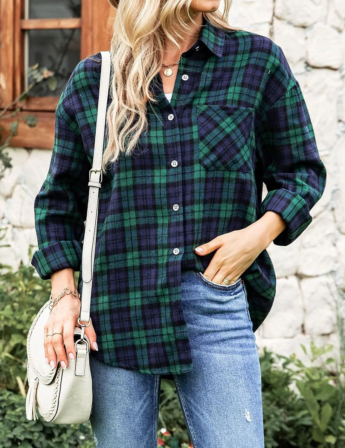 وانزتالی بلوز زنانه آستین بلند دکمه دار چهارخانه فلانل، مدل گشاد و غیر رسمی با جیب