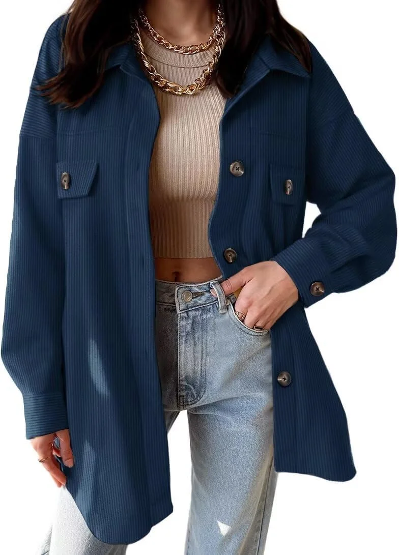 VICHYIE شاکت زنانه مخملی کبریتی، بلوز دکمه دار، پیراهن، جیب دار، آستین بلند، تاپ، کت، ژاکت