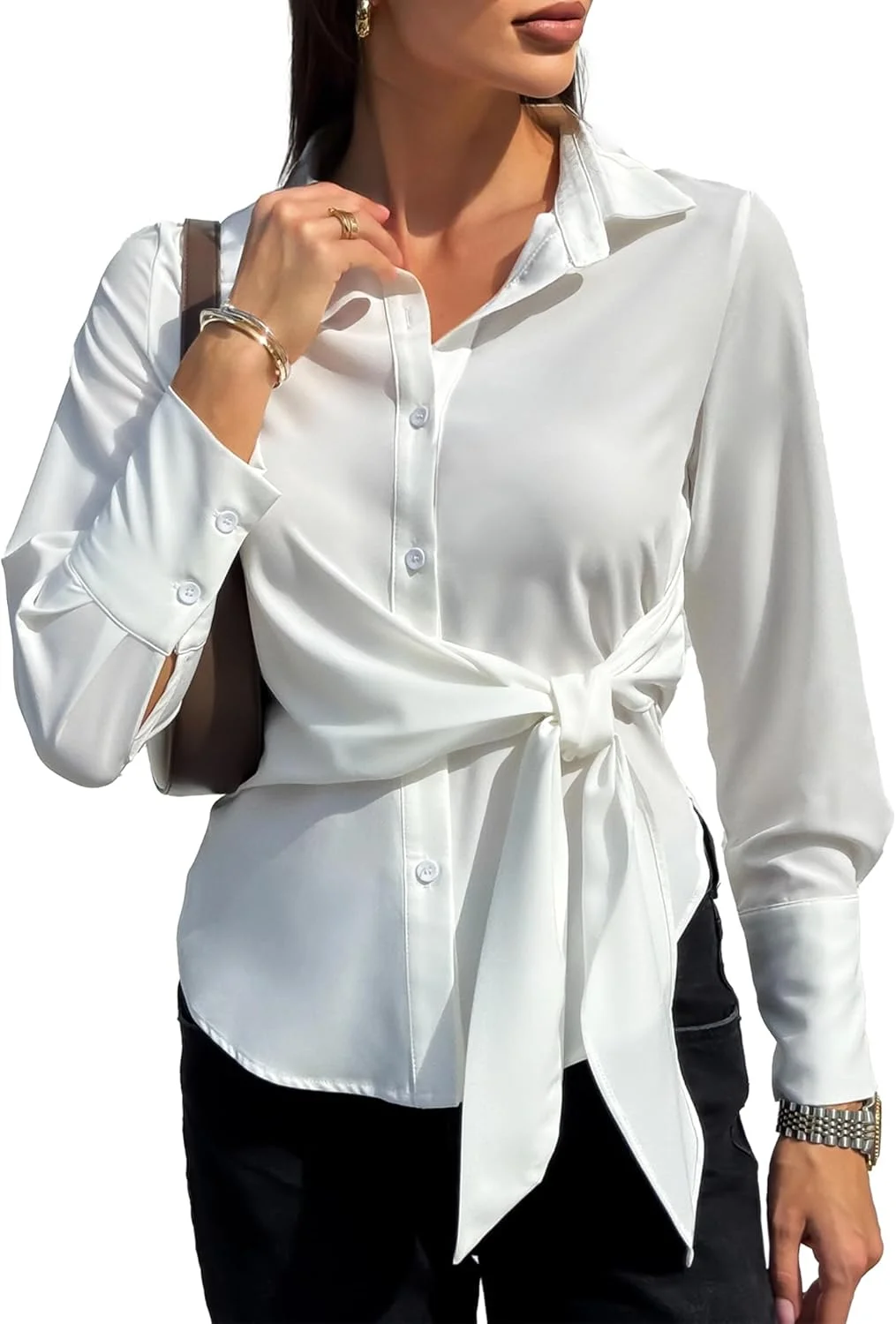 پیراهن های دکمه دار زنانه VIDUSSA - بلوزهای آستین بلند مناسب کار، تاپ های شیک غیر رسمی یقه دار با گره جانبی